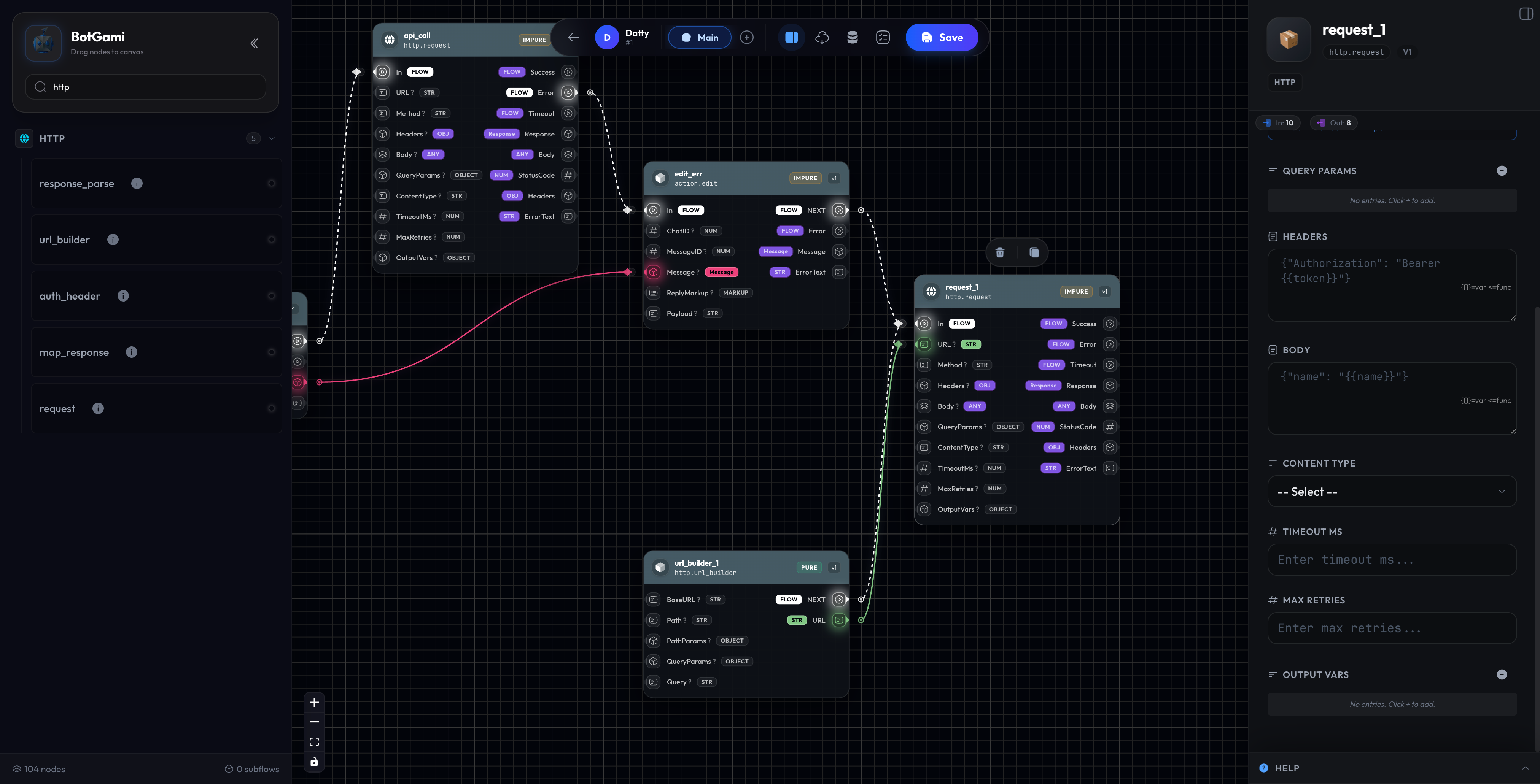 http.request node showing URL, Method, Headers, and Body configuration