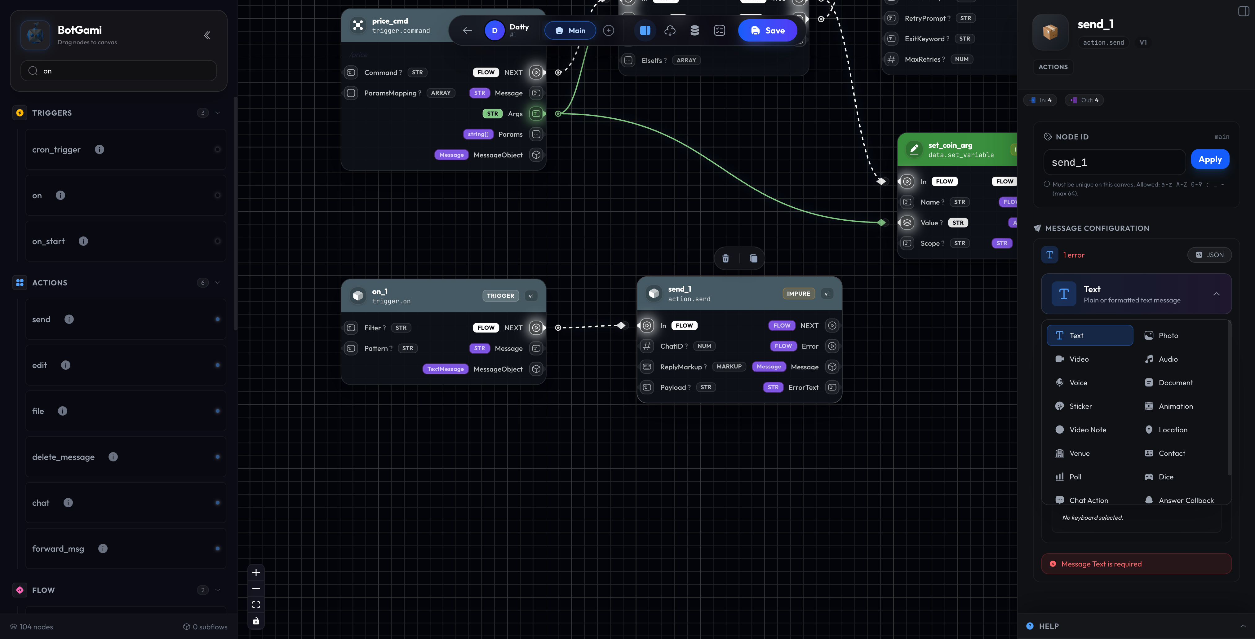 action.send node with Mode dropdown showing Photo/Document/Video options