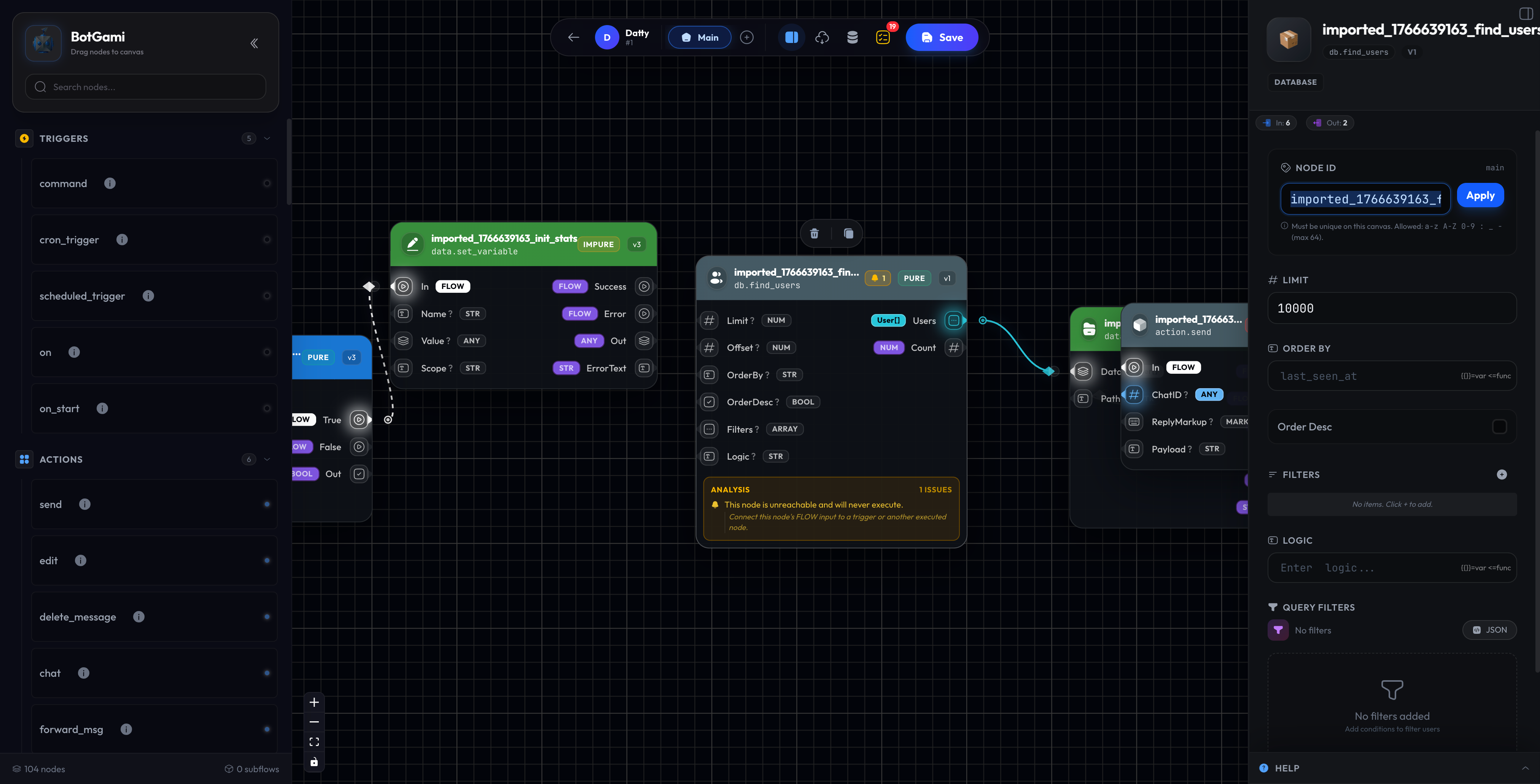 Database nodes workflow showing search → filter → broadcast